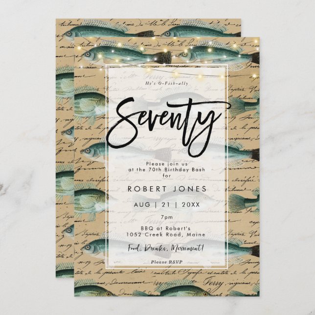 vintage fish 70th birthday party invitation (Front/Back)
