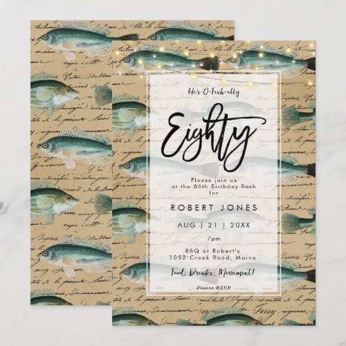 vintage fish 80th birthday party invitation