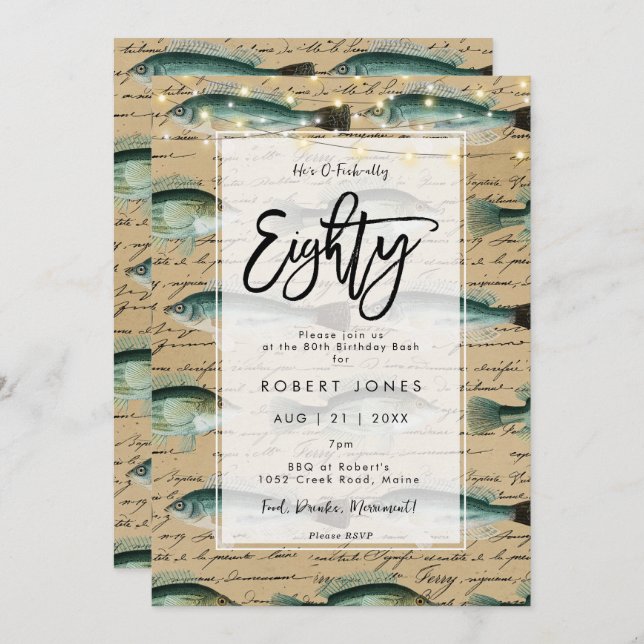 vintage fish 80th birthday party invitation (Front/Back)
