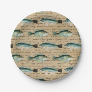 Vintage Fish Art Handwriting Text Cream Color Fish Paper Plates