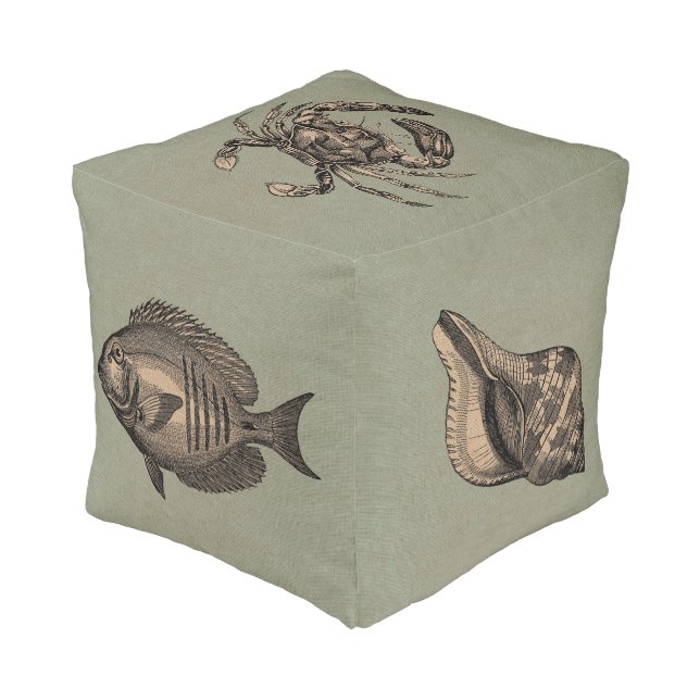Vintage Fish Crab Shell and Octopus Pouf (Angled Front)