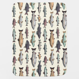 Vintage fish drawings, seamless pattern. baby blanket