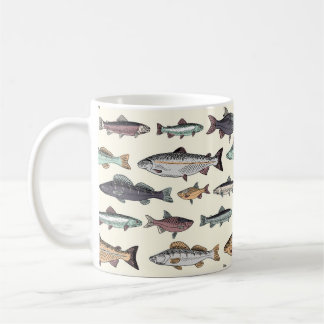 Vintage fish drawings, seamless pattern. coffee mug