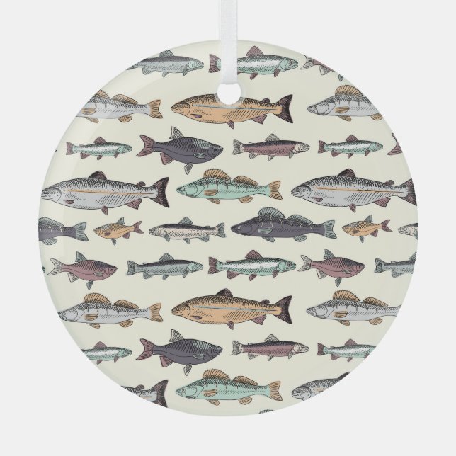 Vintage fish drawings, seamless pattern. glass ornament (Front)