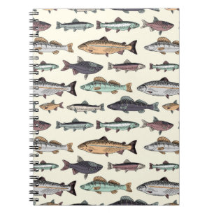 Vintage fish drawings, seamless pattern. notebook