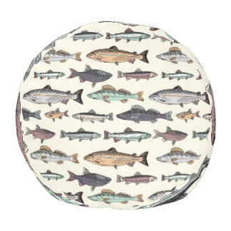 Vintage fish drawings, seamless pattern. pouf