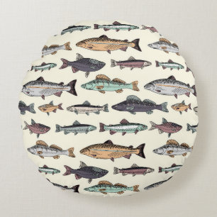 Vintage fish drawings, seamless pattern. round pillow