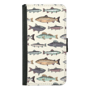 Vintage fish drawings, seamless pattern. samsung galaxy s5 wallet case
