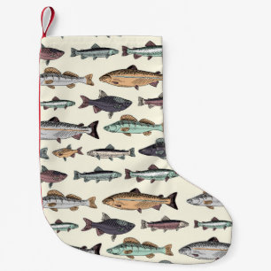 Vintage fish drawings, seamless pattern. small christmas stocking