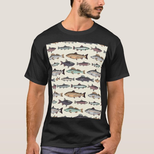 Vintage fish drawings, seamless pattern. T-Shirt (Front)