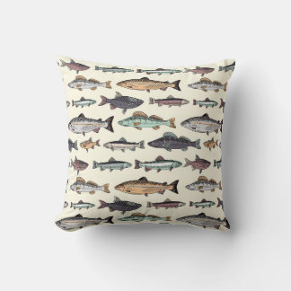 Vintage fish drawings, seamless pattern. throw pillow