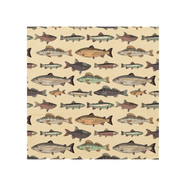 Vintage fish drawings, seamless pattern. wood wall art (Front)
