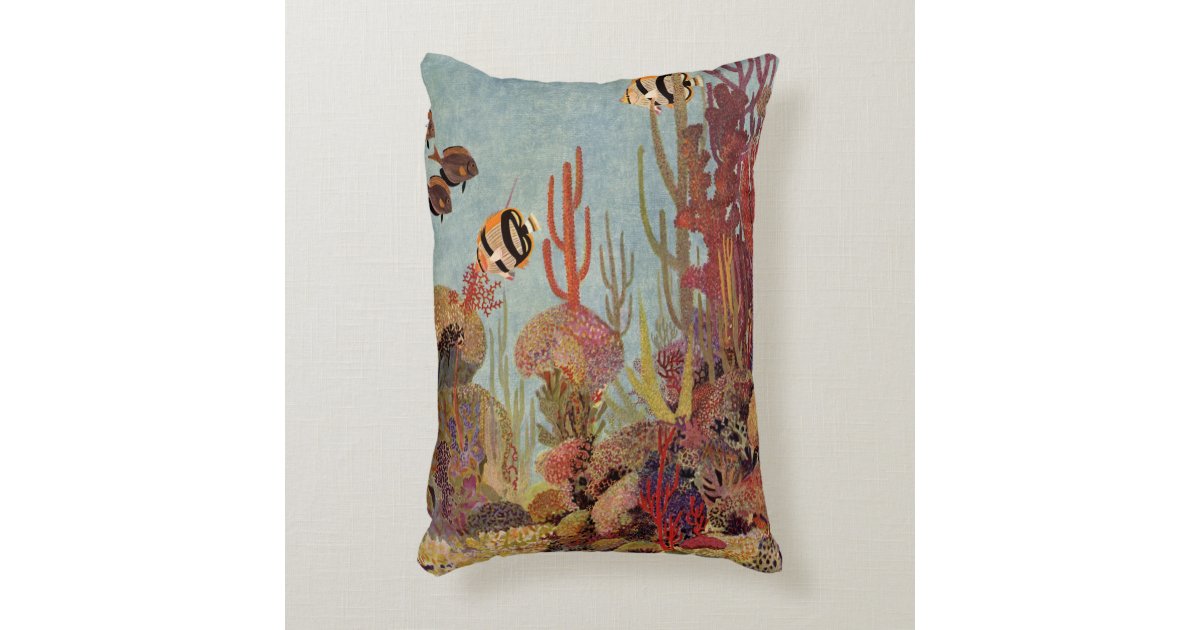Vintage Fish In Ocean Tropical Coral Angelfish Accent Pillow