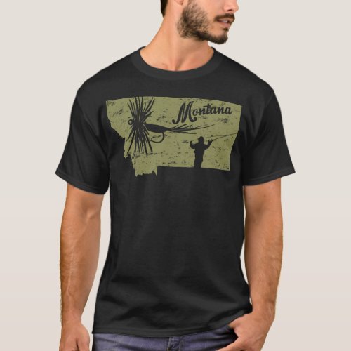 Vintage Fish Montana State Map MT Fly Fishing T_Shirt