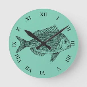 Vintage fish nautical marine art illustration round clock