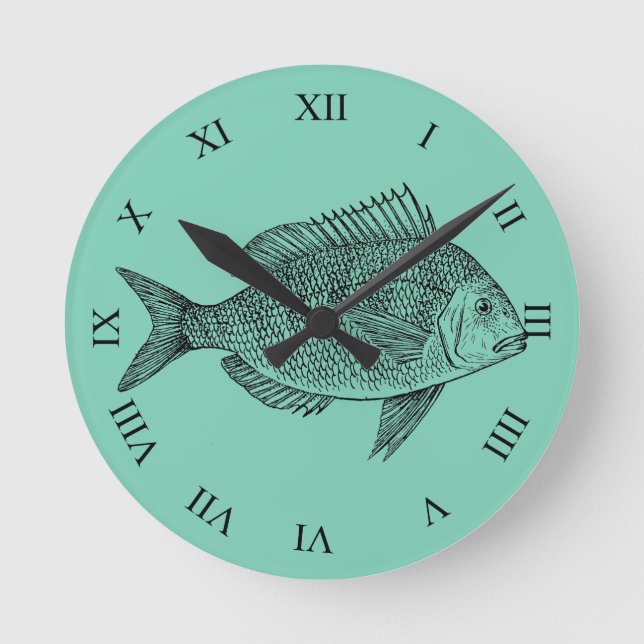 Vintage fish nautical marine art illustration round clock (Front)
