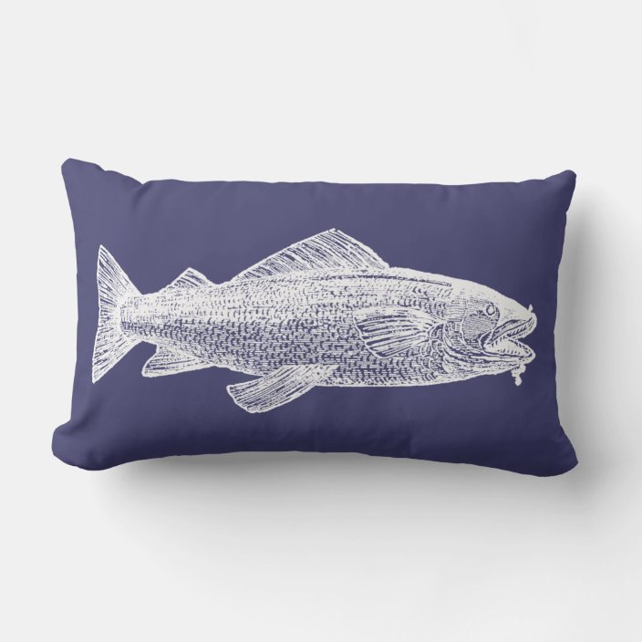Vintage Fish Navy Blue Coastal Lumbar Pillow