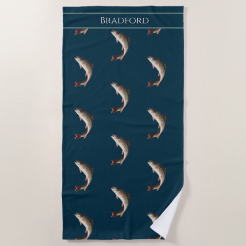 Vintage Fish Rainbow Trout Pattern Navy Blue Beach Towel