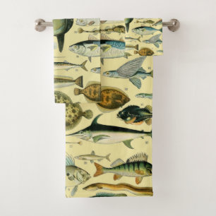 Vintage Fish Scientific Fishing Art Bath Towel Set