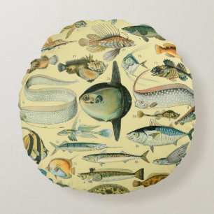 Vintage Fish Scientific Fishing Art Round Pillow