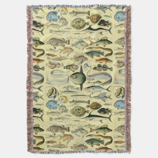 Vintage Fish Scientific Fishing Art Throw Blanket (Front Vertical)