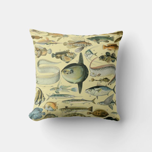 Vintage Fish Scientific Fishing Art Throw Pillow (Front)