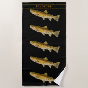 Vintage fish watercolor trout pattern black beach towel