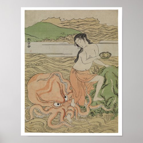 Vintage Fishergirl With An Octopus Retro Japan  Poster