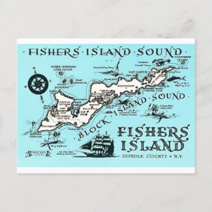 Vintage Fishers Island NY Map Postcard