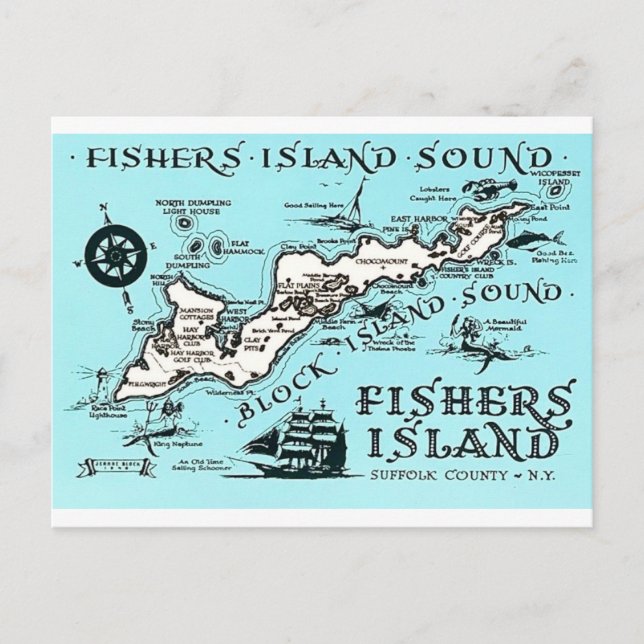 Vintage Fishers Island NY Map Postcard (Front)