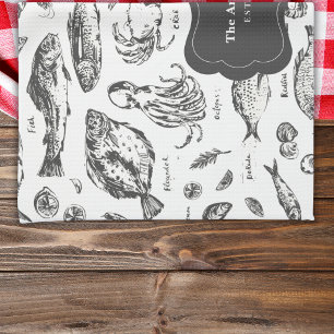 Vintage Fishes And Sea Animals Custom Family Name Kitchen Towel