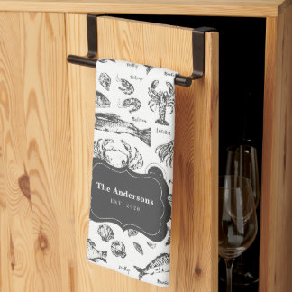 Vintage Fishes And Sea Animals Custom Family Name Kitchen Towel