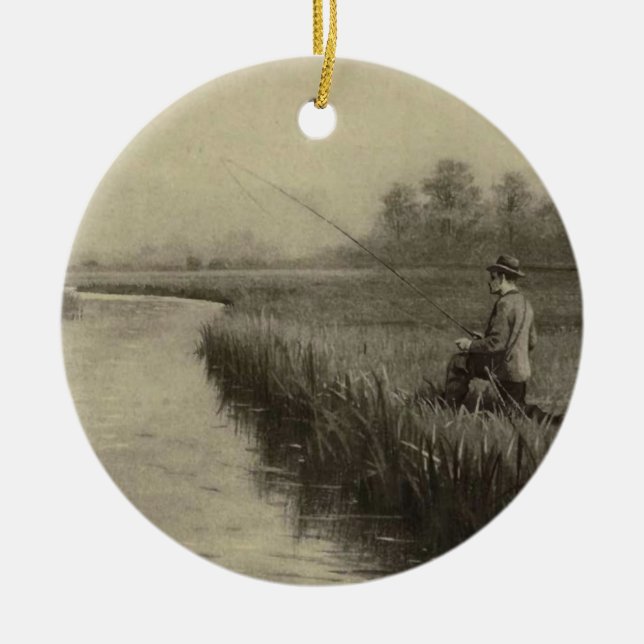 Vintage Fishing Art Ceramic Ornament (Front)