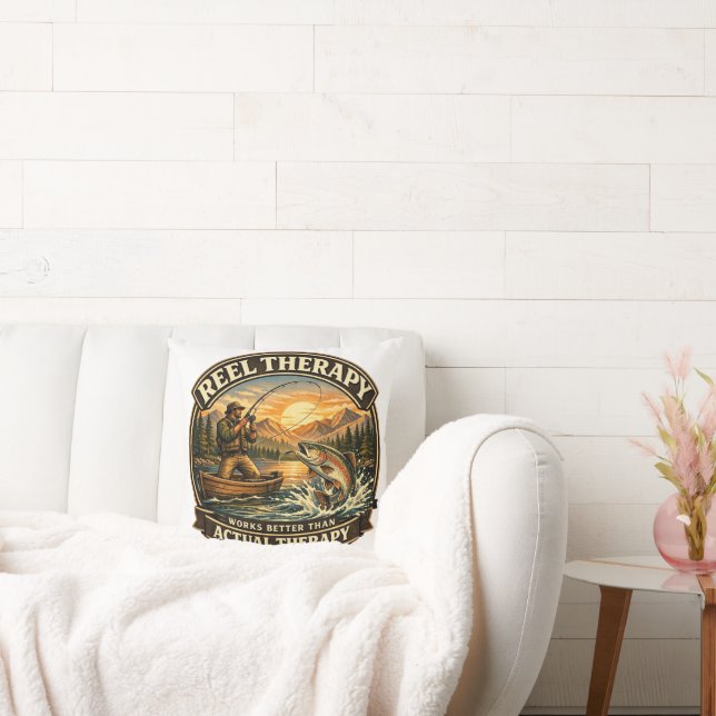 Vintage Fishing Badge Design Throw Pillow (Couch)