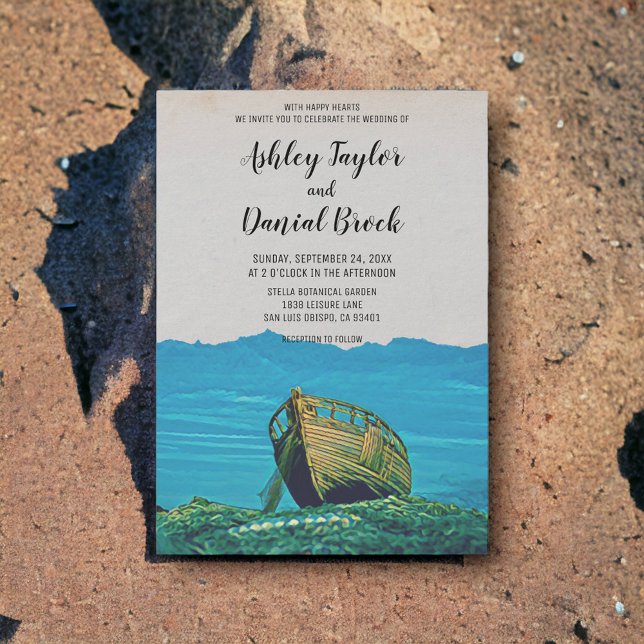 Vintage fishing boat port navy destination wedding invitation (Creator Uploaded)
