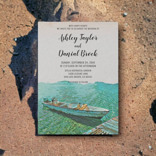Vintage fishing boat seaside destination wedding invitation
