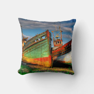 Vintage Fishing Boats Dramatic Colors Throw Pillow