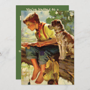 Vintage Fishing, Boy with His Puppy and Worms Invitation