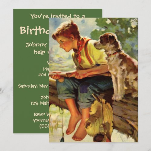 Vintage Boy and Pet Dog Fishing Child Birthday Cards