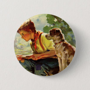 Vintage Fishing, Boy with His Puppy and Worms Pinback Button