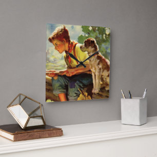 Vintage Fishing, Boy with His Puppy and Worms Square Wall Clock