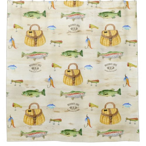 Vintage Fishing Cabin Birch Wood Bass Trout Fish Shower Curtain
