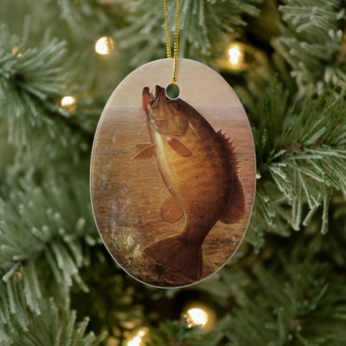 Vintage Fishing, Leaping Smallmouth Bass on Line Ceramic Ornament