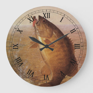 Vintage Fishing, Leaping Smallmouth Bass on Line Large Clock