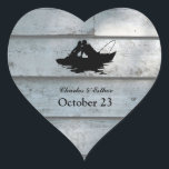 Vintage Fishing Lovers Wood Heart Sticker<br><div class="desc">Save the date with these charming stickers featuring a vintage silhouette of lovers in a boat,  on a background of faded old wood,  or use them to seal party favor bags,  etc.</div>