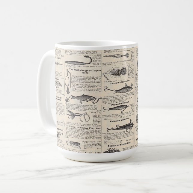 Vintage Fishing Lures: Antique 1900s Fisherman Coffee Mug (Front Left)