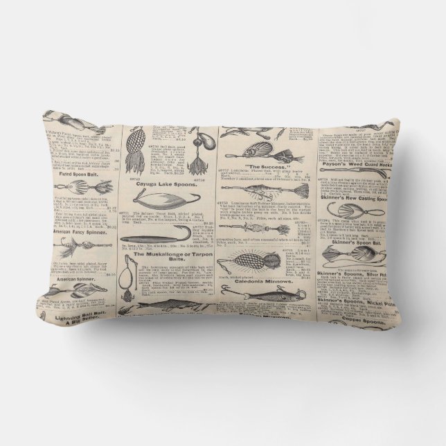 Vintage Fishing Lures: Antique 1900s Fisherman Lumbar Pillow (Front)