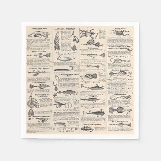Vintage Fishing Lures: Antique 1900s Fisherman Paper Napkins (Front)