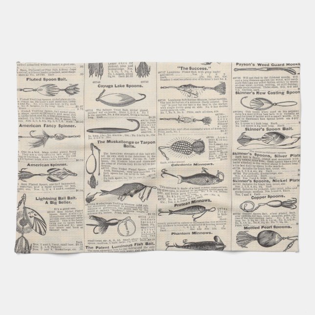 Vintage Fishing Lures: Antique 1900s Fisherman Towel (Horizontal)