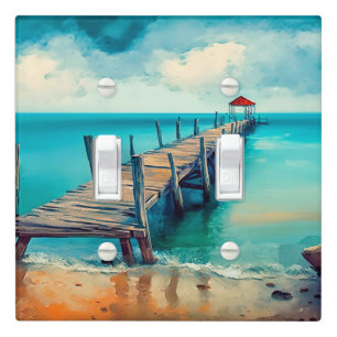 Vintage Fishing Pier Illustration Art Light Switch Cover